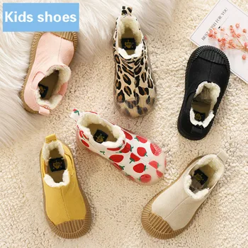 

Children Cotton Shoes High Top Canvas Shoes Plush Winter Girls Shoes Boys Sneakers Anti-kick Strawberry Leopard Children Sneaker