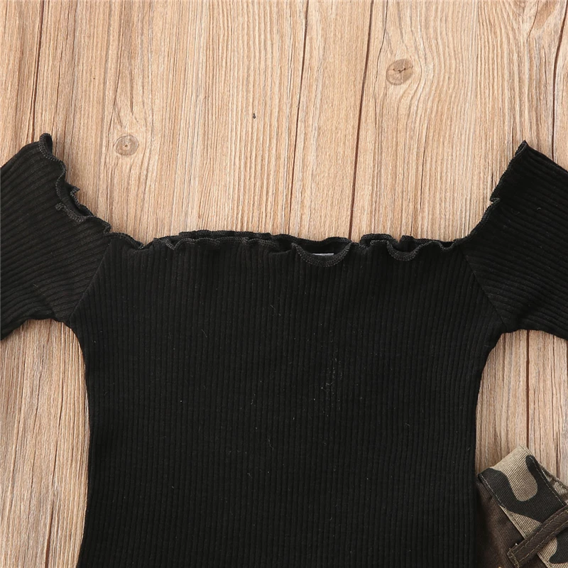 Kids Clothing Set, Kids T Shirt, Girls Clothing Set 1-6Y Fashion Kids Baby Girl Clothing Girl Outfits Black Short Sleeve Off Shoulder T-shirt Tops+Camouflage Pants Outfit 2pcs