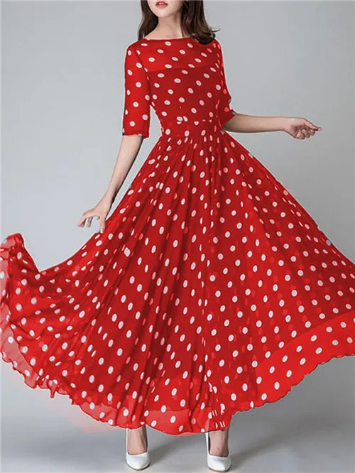 Длинное женское платье в горошек, шифоновое модное женское платье, летнее элегантное платье макси в горошек для женщин - Цвет: Red dress