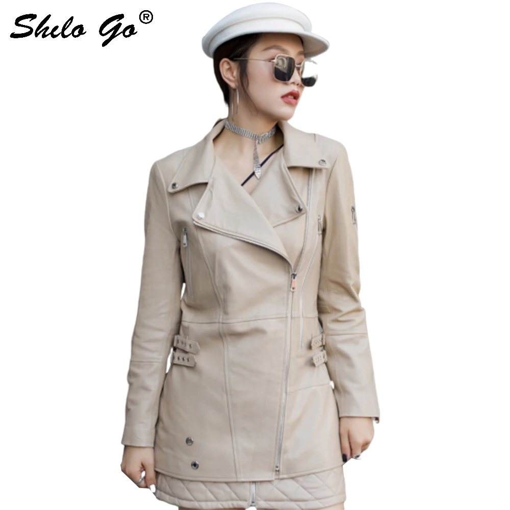 

Genuine Leather Jacket Multicolor Highstreet Notched Neck Jacket Coats Women Casual Office Lady Belted Waist Side Fit Outwear