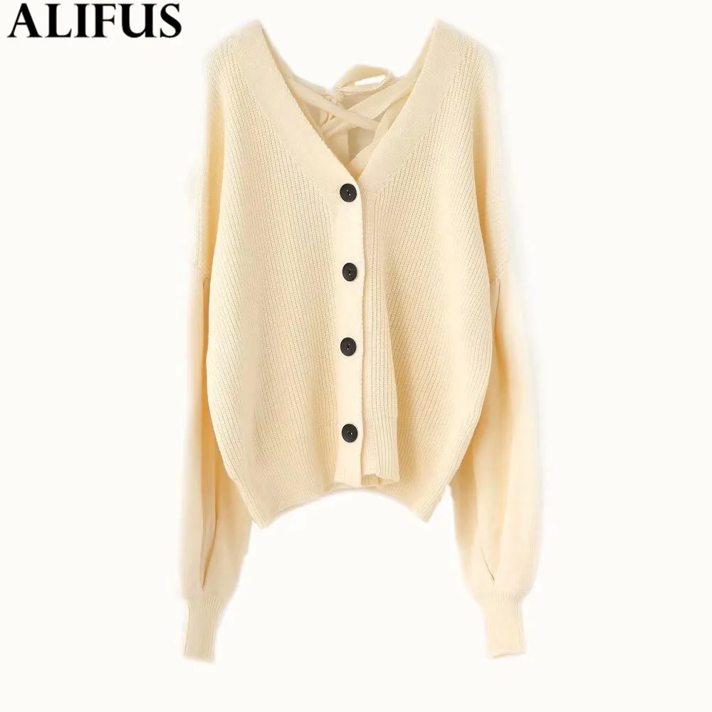 Fashion Za Women Sweater Autumn Solid V-Neck Chic Single Breasted Cardigan Puff Sleeve Loose Knitting Warm Sweaters Female