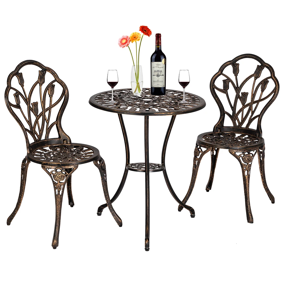 

Outdoor Patio Cast Aluminum Bistro Set table with 2 chairs in Antique Copper dining chairs set