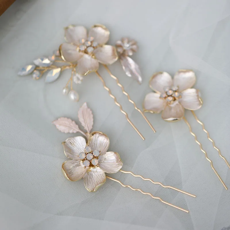 SLBRIDAL Handmade Opal Crystal Pearl Alloy Flower Bridal Hair Comb Hair Clip Hair Pin Set Wedding Hair Accessories Women Jewelry