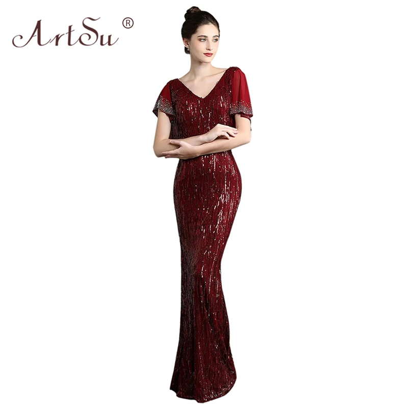 ArtSu Robe De Soiree Черный Длинные Русалка Вечерние платья Элегантный бриллиантовый Бисер с блестками и с бахромой, Для женщин с v-образным вырезом, платье на выпускной, серый - Цвет: Бургундия