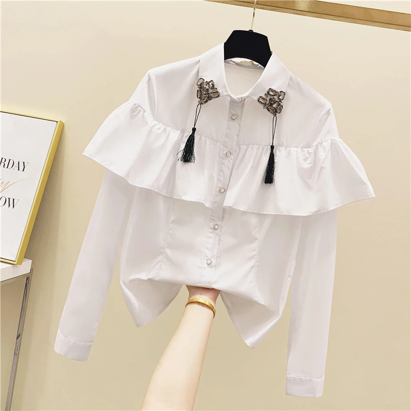 

Ruffle Shirt Woman Hand-Made Beaded Tassel Shirt Women's 2020 Spring New Long Sleeve White Shirt Ladies All-match Basic Blouses