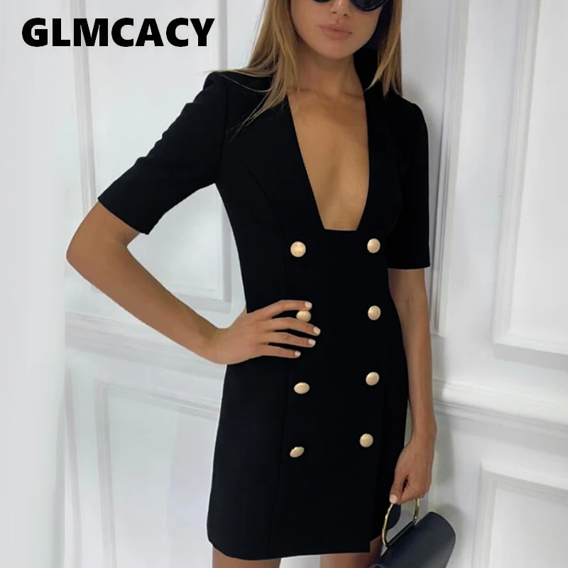 

Women Sexy Solid Bandage Blazer Dress Short Sleeve Deep V Neck Double Breasted Button Fashion Summer Sexy Office Lady Mini Dress