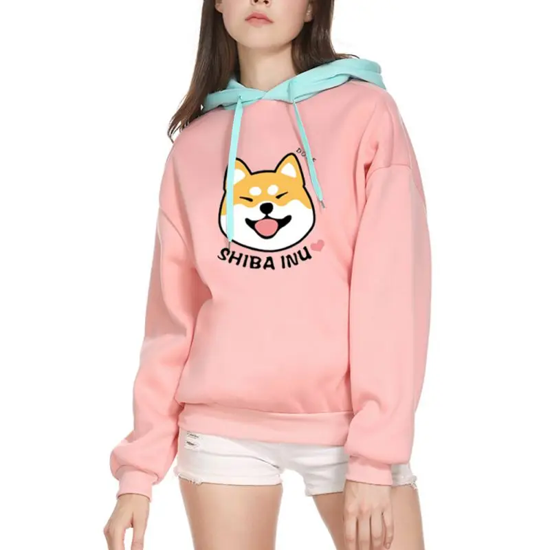 Осенне-зимний пуловер для женщин из флиса Kawaii Мультфильм Шиба ину толстовка с капюшоном модная повседневная одежда с принтом собаки Harajuku женская верхняя одежда