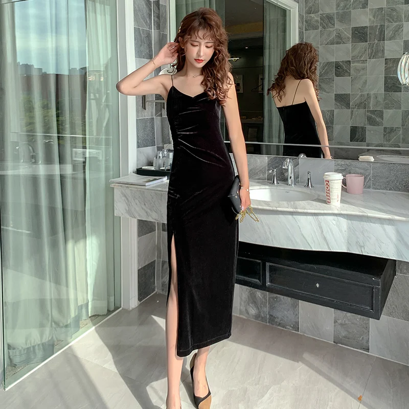 

Women's Elegant Velour Long Dress Solid V-Neck Spaghetti Straps Slim Split Hem Women Pencil Dresses Spring Summer 2021