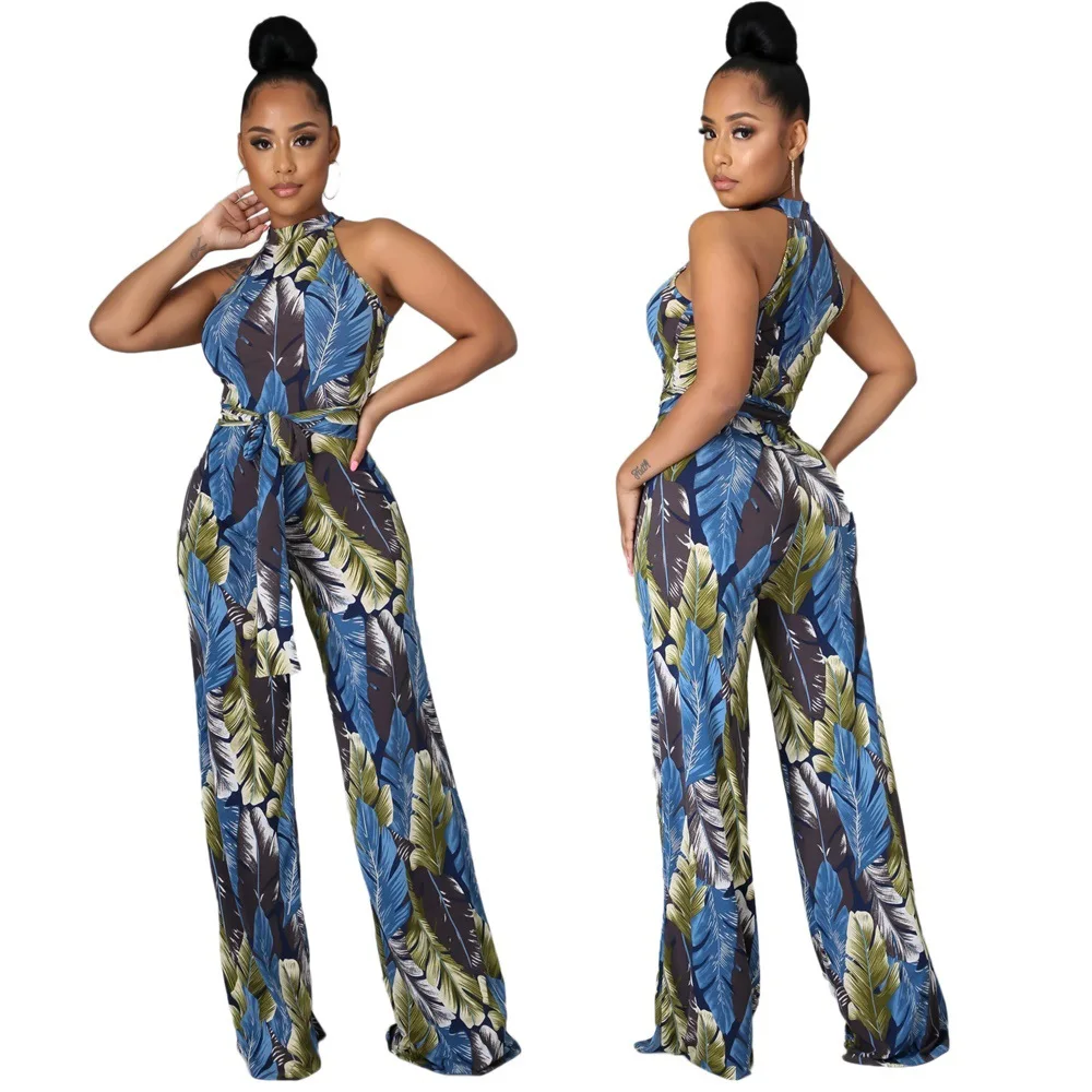 Sexy Neck Jumpsuit For Women High-waisted, Slim Print Casual Straight Pants For Summer 2021. Sexy Beach-style Jumpsuit For Women