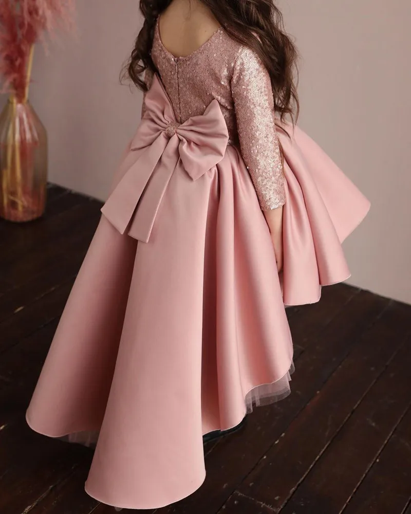 713Blush Pink Sparkling Sequined Flower Girl Dresse Hi-Lo Ball Gown Little Girl Wedding Girls Pageant Dresses Cheap Communion Gowns