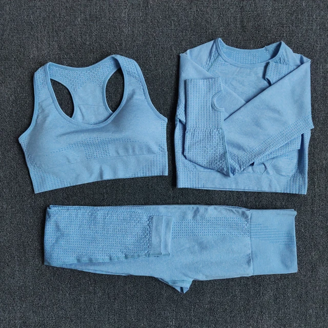 2/3/5PCS Seamless Women Yoga Set Workout Sportswear Gym Clothing Fitness Long Sleeve Crop Top High Waist Leggings Sports Suits 3PCSBlue