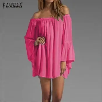 

ZANZEA 3XL Plus Size Women Sexy Off Shoulder Dress 2020 Summer Short Mini Dresses Loose Long Flare Sleeve Chiffon Vestidos