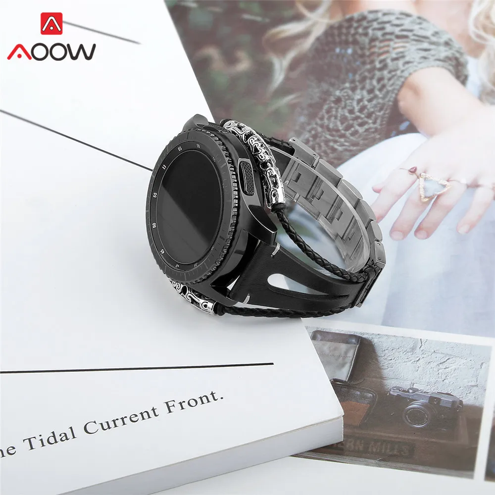 Плетеный кожаный браслет для samsung Galaxy Watch 46 мм gear S3, модный браслет из нержавеющей стали, ремешок для часов