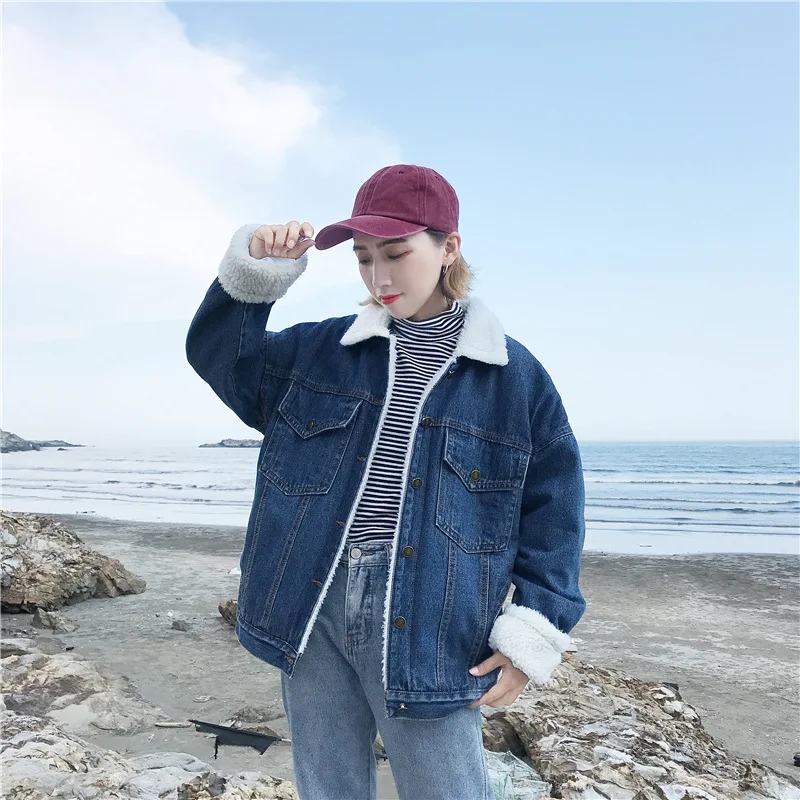 

2019 South Korea Autumn And Winter New Style Retro Lambs Wool Loose-Fit Fold-down Collar Cowboy Brushed And Thick Jeans Coat Wom