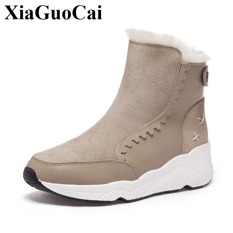 

Genuine Leather Shoes Women Snow Boots with Fur Warm Fleeces Slip-on Flat Platform Ankle Boot Soft Solid Fashion Casual Footwear