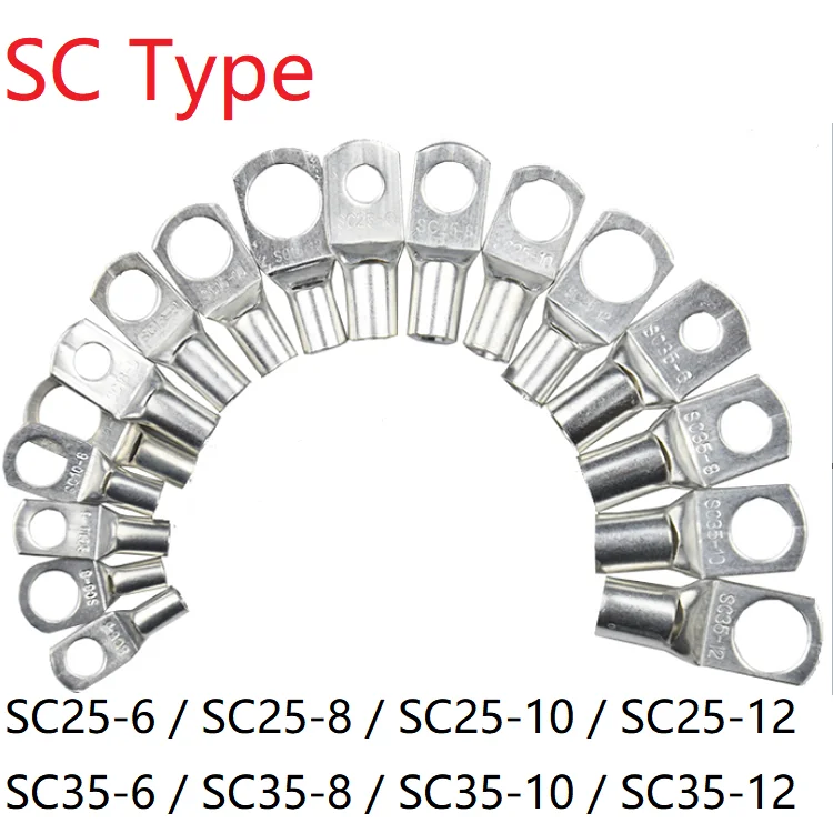 5pc SC Type Wire Nose Terminal SC25 SC35 Bare Copper Battery Block Lugs Hole ID 6mm 8mm 10mm 12mm Crimp DTGA Cable End Connector |
