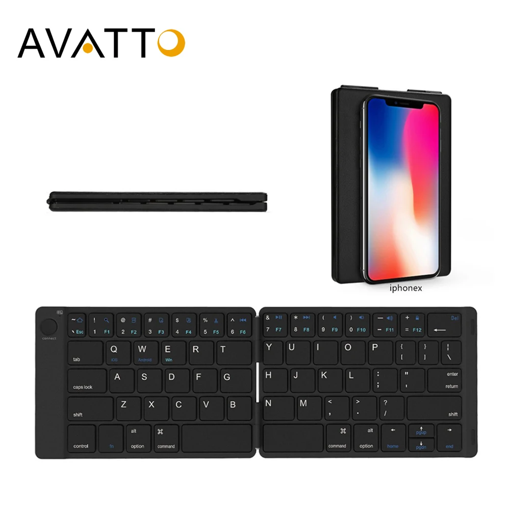 Baratos AVATTO suave cuero portátil inglés Bluetooth inalámbrico plegable Mini teclado para iOS, tableta Android, iPad, teléfono