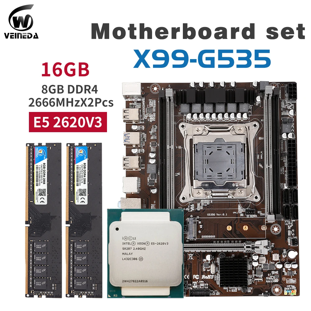 Комплект материнской платы Intel X99 CPU XEON E5 2620 V3 lga 2011-3 D4 DDR4 с 2X8 ГБ = 16 Гб 2666 МГц PC4