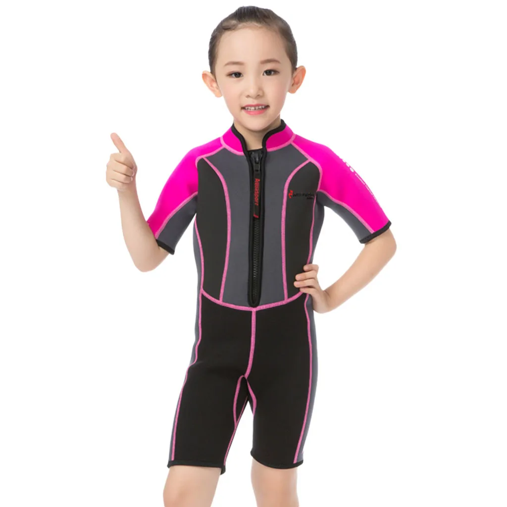 Kids Swimsuit Boys Girls Short Sleeve Wetsuit Thermal  Swimsuit Sun Protection for 2-13 Years Old Children Pink/Blue 