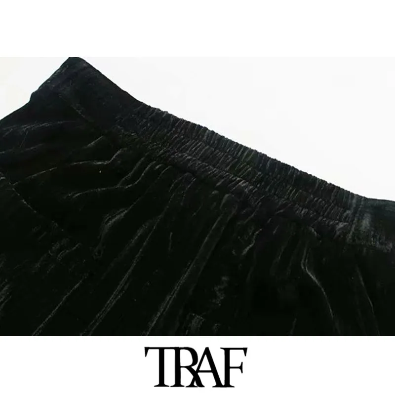 TRAF, женские винтажные элегантные черные Бархатные расклешенные штаны, модные штаны с эластичной резинкой на талии, одежда для офиса, женские повседневные штаны
