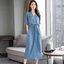 Повседневное свободное джинсовое платье в ковбойском стиле, лето, новые женские корейские модные японские джинсовые платья с эластичной талией, Vestidos Muje M-2XL