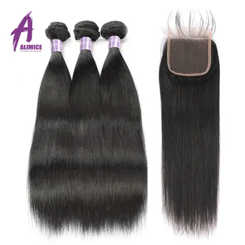 

Straight Hair 3 Bundles With Closure Brazilian Human Hair Bundles Non-remy Alimice Hair Bundles Straight Hair With Closure
