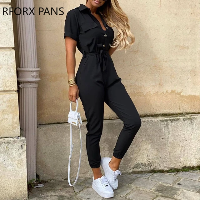 Tussen september inhalen Womens Short Sleeve Casual Pockets Lace Up Solid Jumpsuit - Jumpsuits,  Playsuits & Bodysuits - AliExpress