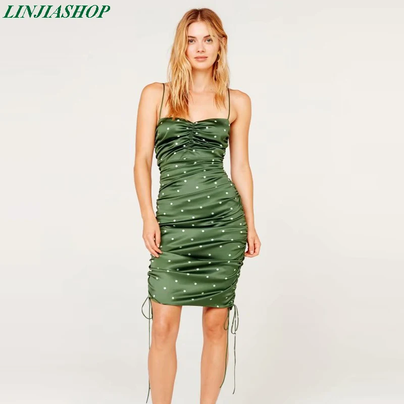 Модное Новое Осеннее женское платье с рюшами и лимонами, функциональное зеленое приталенное платье миди с узкими лямками
