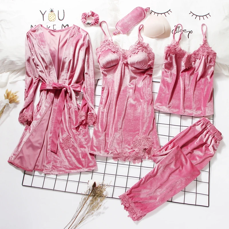 Золотой бархатный халат и платье, комплекты из 3-6 предметов, теплые зимние пижамы, женские сексуальные кружевные халаты, пижамы, одежда для сна, домашняя одежда - Цвет: Pink Full Set