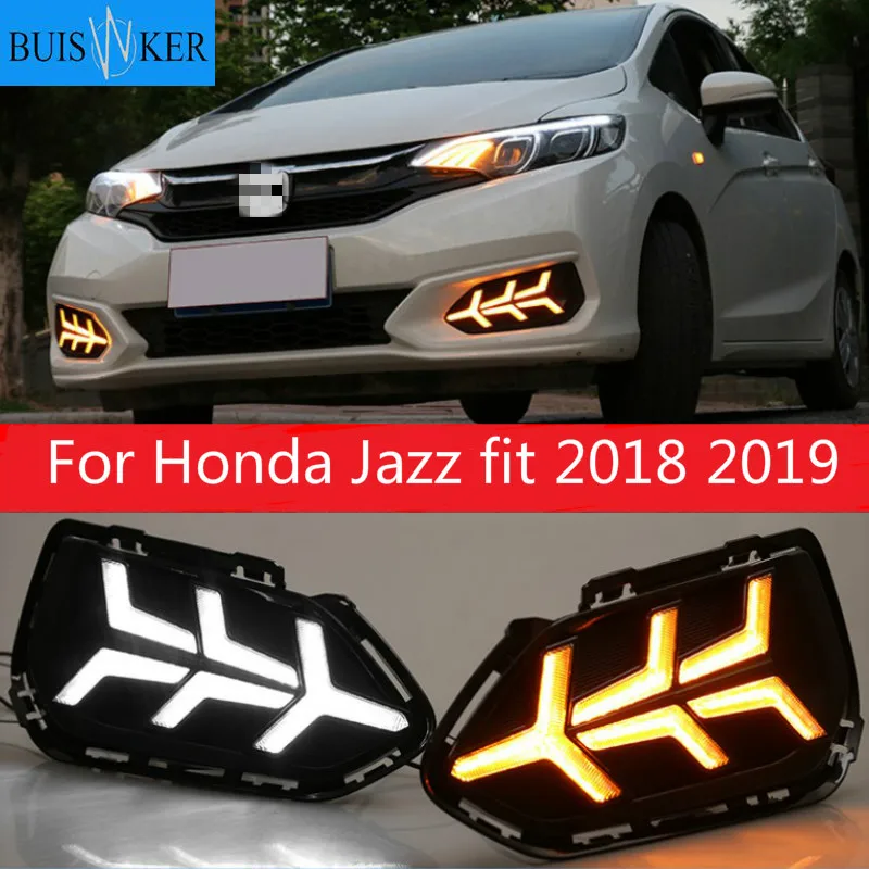 

2 шт. для Honda Jazz fit 2018 2019 светодиодсветодиодный дневные ходовые огни DRL противотуманная фара с желтым поворотным сигналом