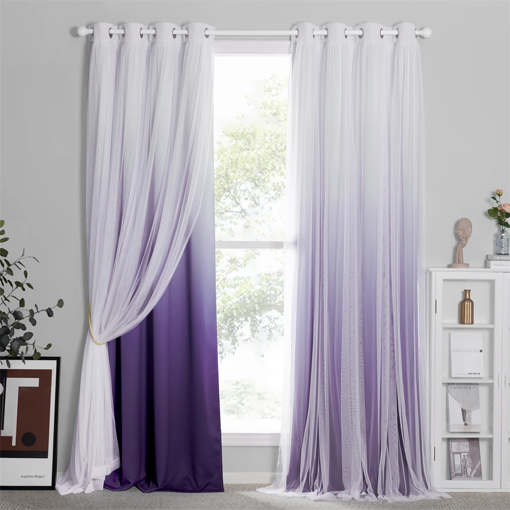 NICETOWN Gradient Double-Layered Drapes Blackout Curtains Mix Match Modern Window Sheer for Living Room/Bedroom Free Tie-backs 