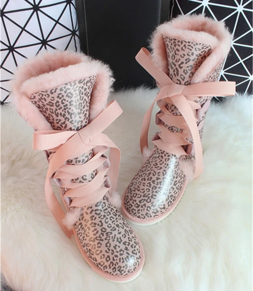 pink Leopard G& Zaco/Роскошные зимние сапоги из овечьей кожи; австралийские зимние сапоги до колена из натуральной шерсти; сапоги на овечьем меху; женские высокие сапоги до колена на плоской подошве с бантом - Цвет: pink Leopard