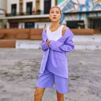 

Women's set two pieces autumn blazer set suit elegant casual loose trench coat blazer +Wide leg short pants suits two pieces