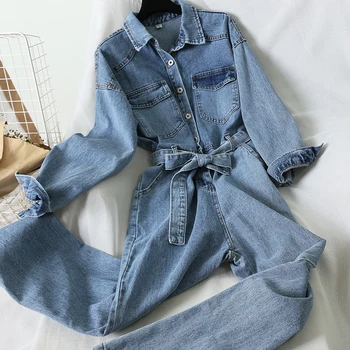 

Women Turn Down Collar Long Sleeve Casual Demin Jumpsuit Lace Up Slim Waist Jeans Spring Jeans Jumpsuit Romper 58742
