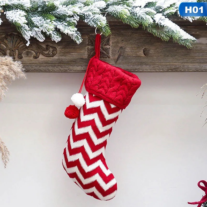 1 Pcs Christmas Stockings Gift Bag Knitted Wool Socks Christmas Tree Ornaments New Year Kids Gift Xmas Candy Apple Large Bags - Цвет: H01
