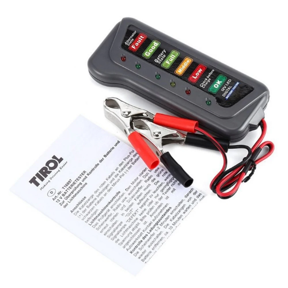 12V автомобиль Батарея тестер с двумя зажимы для тестирования для подходит для автомобиля, мотоцикла Батарея 6-светодиодный дисплей для генератора переменного тока и Батарея государства