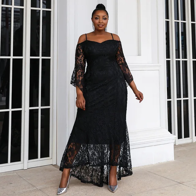 Plus Size Black Lace Women Dresses Elegant Off Shoulder Midi Mermaid Party  Gowns Long Sleeve Cocktail Prom Evening Dress Vestido - Evening Dresses -  AliExpress