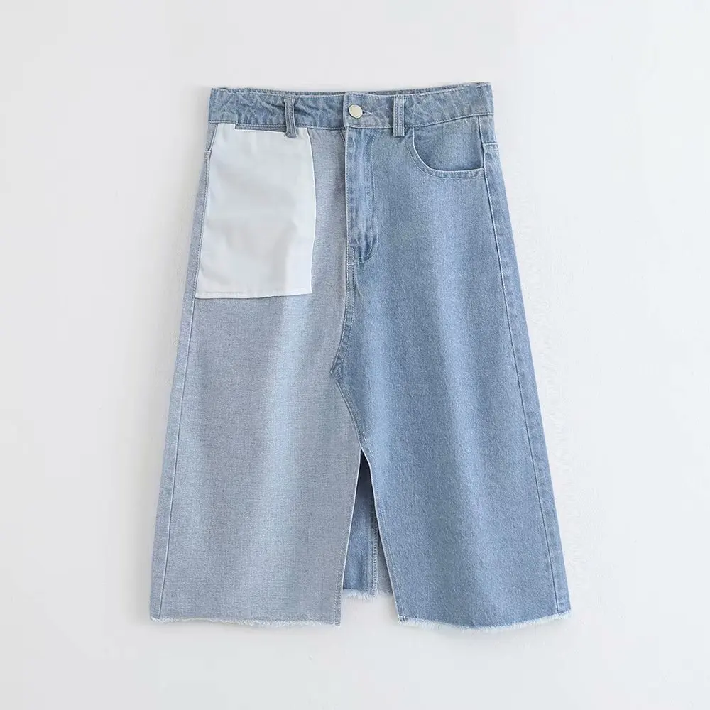 

Summer denim skirt women two-colors patchwork front slit single button burrs tough edge chic lady Casual midi skirt femme