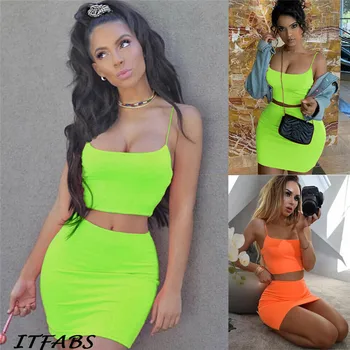 

Women Sexy Sleeveless Strap Tank Vest Crop Tops High Waist Pencil Mini Skirt Outfits Two Piece Bodycon Bandage Party Mini Dress