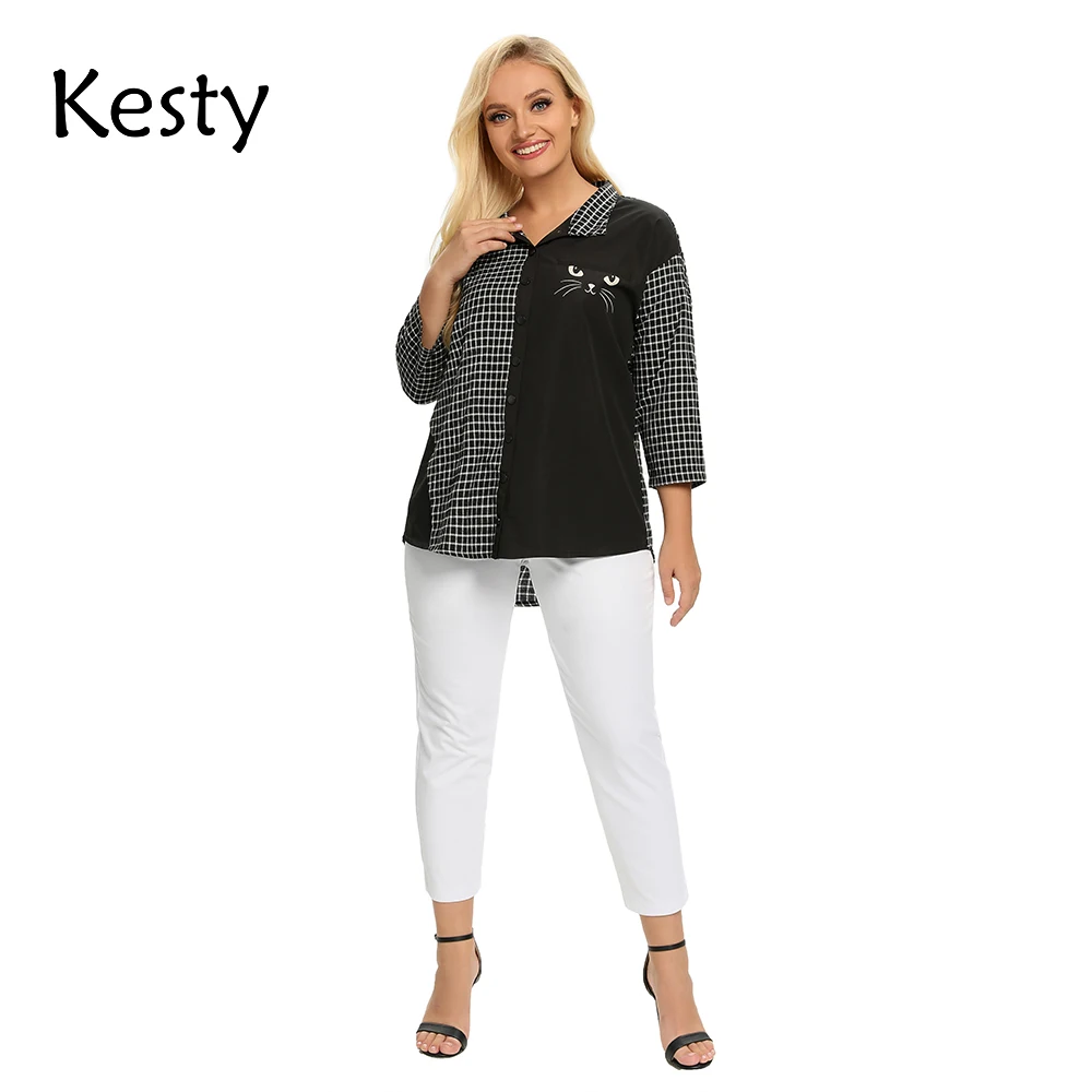 KESTY Women's Plus Size Spring Cotton Plaid Shirt Printed Cat Pattern Lapel 3/4 Sleeve Casual Top