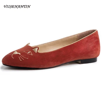 

Spring Autumn New Retro Embroidery Cat Round Toe Flat Shoes Shallow Mouth Genuine Leather Cute Female Peas Shoes Casual Loafers