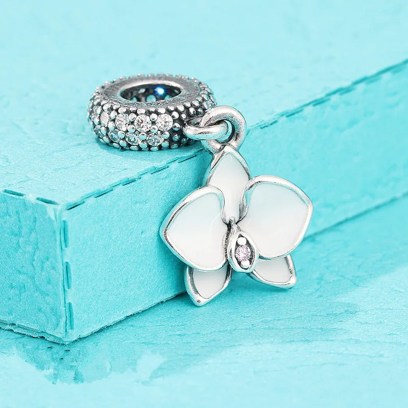 

925 Sterling Silver White Orchid Dangle with Cubic Zirconia Charm Bead Fits All European Pandora Jewelry Bracelets Necklaces