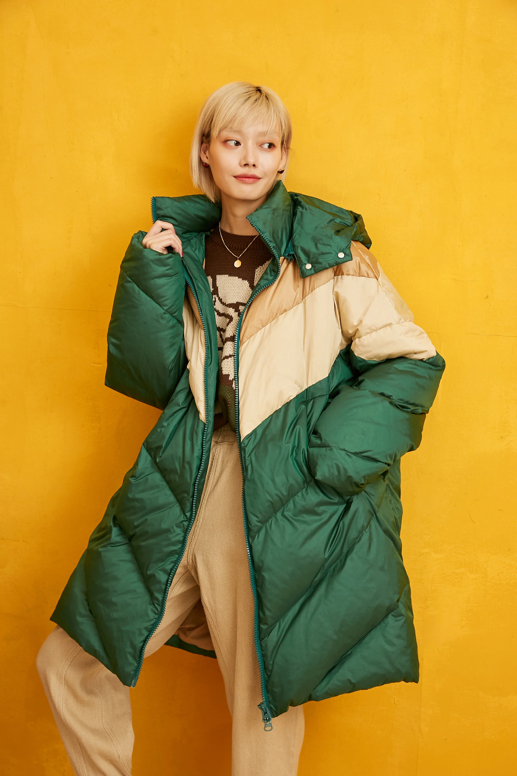 SAM'S TREE Green лоскутное теплое пуховое пальто с капюшоном для женщин Зима Новая модная повседневная Офисная Женская одежда оверсайз