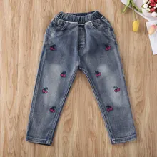 Pudcoco/Одежда для маленьких девочек; длинные джинсовые штаны с вышивкой вишни; леггинсы; брюки; джинсовая одежда