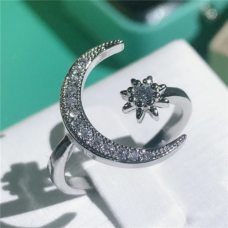 Простое кольцо с Луной и звездой, 925 пробы, серебро, AAAAA, Cz, вечерние кольца для женщин, свадебные массивные ювелирные изделия