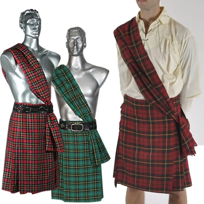 Men's Scottish Kilt with Scarf Traditional Plaid Kilt Vintage Cosplay