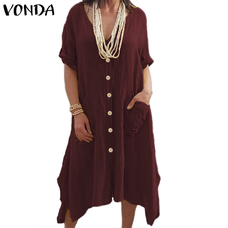 VONDA, женское платье, весна-лето, женское винтажное сексуальное платье с v-образным вырезом, пуговицами и длинным рукавом, Повседневные Вечерние платья размера плюс - Цвет: Wine Red