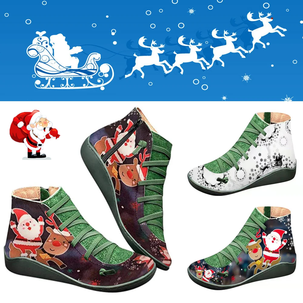 Рождественские ботильоны; женская винтажная зимняя обувь с принтом Санты; зимние ботинки на плоской подошве со шнуровкой; повседневные Полуботинки на Рождество; Botas Mujer; D25