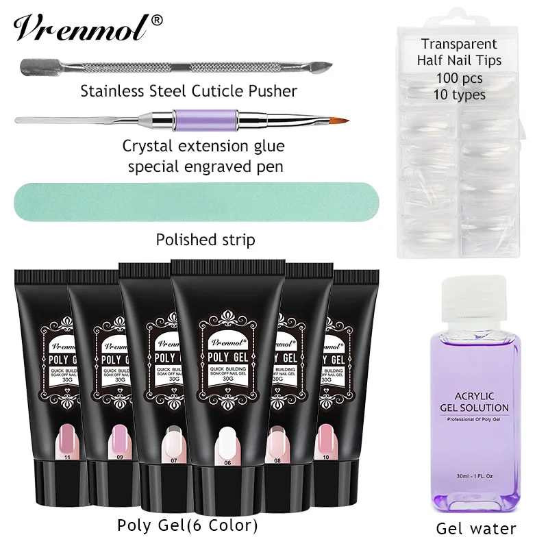 poly gel set Vrenmol 6 шт поли гель набор Быстрый строитель Быстрое расширение камуфляж ногтей скольжения решение двойной головкой кисти ручка - Цвет: poly gel set