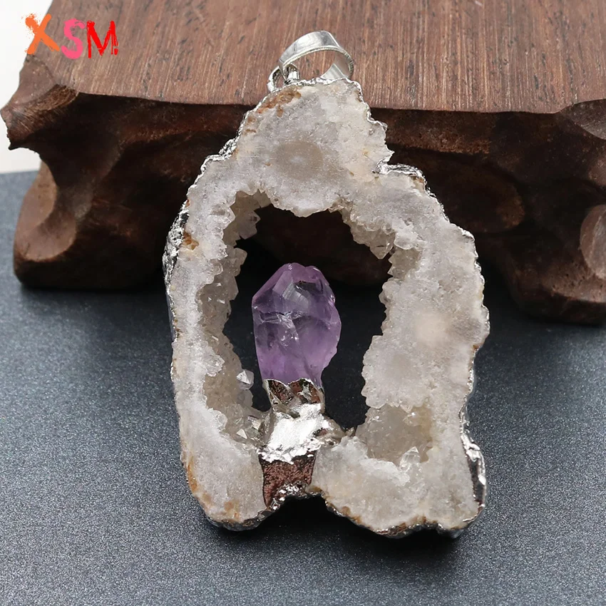 XSM Кристалл Druse фрагмент жеоды кулон естественный неправильной формы аметисты инкрустация полые Druzy для женщин талисманы ювелирных изделий ожерелье подходит